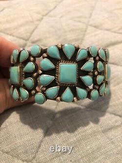 Vintage Navajo Turquoise TRIPLE Squash Blossom Sterling Silver Signed Bracelet