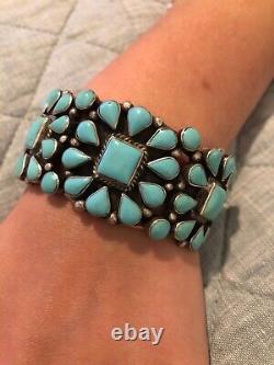 Vintage Navajo Turquoise TRIPLE Squash Blossom Sterling Silver Signed Bracelet