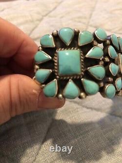 Vintage Navajo Turquoise TRIPLE Squash Blossom Sterling Silver Signed Bracelet