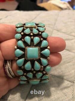 Vintage Navajo Turquoise TRIPLE Squash Blossom Sterling Silver Signed Bracelet