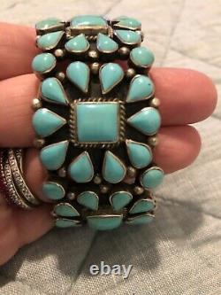 Vintage Navajo Turquoise TRIPLE Squash Blossom Sterling Silver Signed Bracelet