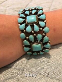 Vintage Navajo Turquoise TRIPLE Squash Blossom Sterling Silver Signed Bracelet