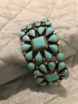 Vintage Navajo Turquoise TRIPLE Squash Blossom Sterling Silver Signed Bracelet