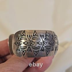 Vintage Navajo Wilbur Tracy Sterling Elaborately Stamped Wide Cuff Bracelet