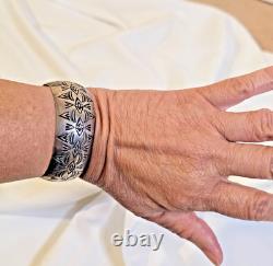 Vintage Navajo Wilbur Tracy Sterling Elaborately Stamped Wide Cuff Bracelet