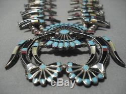 Vintage Navajo Zuni Turquoise Inlay Sterling Silver Squash Blossom Necklace Old
