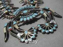 Vintage Navajo Zuni Turquoise Inlay Sterling Silver Squash Blossom Necklace Old