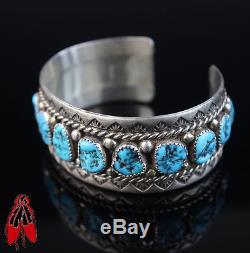 Vintage Navajo natural Kingman Turquoise Row Bracelet sterling silver. 925 pawn