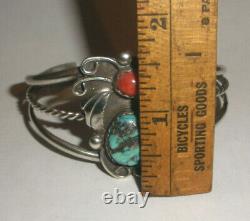 Vintage Navajo sterling silver old pawn bracelet turquoise coral TC Tom Charley