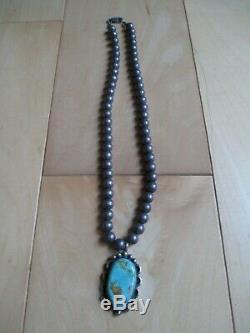 Vintage Navajo sterling silver pearls necklace and turquoise pendant