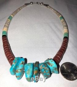 Vintage Old Pawn Heishi Necklace with Vibrant Turquoise Nuggets 16.25 Inches 23g