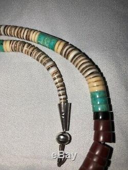 Vintage Old Pawn Heishi Necklace with Vibrant Turquoise Nuggets 16.25 Inches 23g