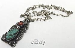 Vintage Old Pawn NAVAJO Sterling Turquoise Coral Handmade Pendant & Necklace