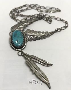 Vintage Old Pawn NAVAJO Sterling Turquoise Feather Handmade Pendant & Necklace