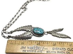 Vintage Old Pawn NAVAJO Sterling Turquoise Feather Handmade Pendant & Necklace