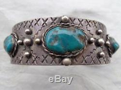 Vintage Old Pawn Native Indian Navajo Turquoise Silver Stamped Cuff Bracelet