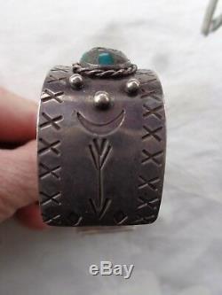 Vintage Old Pawn Native Indian Navajo Turquoise Silver Stamped Cuff Bracelet