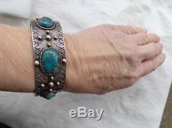 Vintage Old Pawn Native Indian Navajo Turquoise Silver Stamped Cuff Bracelet