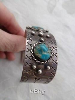 Vintage Old Pawn Native Indian Navajo Turquoise Silver Stamped Cuff Bracelet