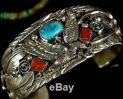 Vintage Old Pawn Navajo Allen Chee Turquoise Coral EAGLE Sterling Bracelet