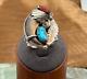 Vintage Old Pawn Navajo Bear Turquoise & Coral Sterling Ring in size 12-540.25