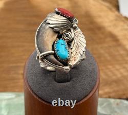 Vintage Old Pawn Navajo Bear Turquoise & Coral Sterling Ring in size 12-540.25