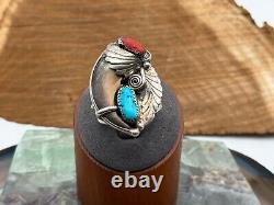 Vintage Old Pawn Navajo Bear Turquoise & Coral Sterling Ring in size 12-540.25