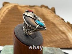 Vintage Old Pawn Navajo Bear Turquoise & Coral Sterling Ring in size 12-540.25