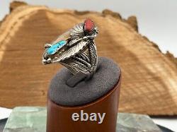 Vintage Old Pawn Navajo Bear Turquoise & Coral Sterling Ring in size 12-540.25
