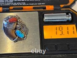 Vintage Old Pawn Navajo Bear Turquoise & Coral Sterling Ring in size 12-540.25
