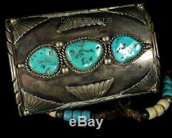 Vintage Old Pawn Navajo Forged Natural Turquoise Sterling Bow Guard Bracelet