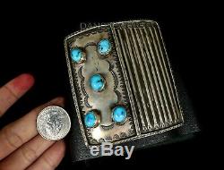 Vintage Old Pawn Navajo Natural Turquoise Forged Sterling Bow Guard Bracelet