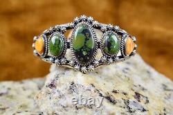 Vintage Old Pawn Navajo Sterling Silver Green Turquoise & Spiney Oyster Cuff