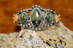 Vintage Old Pawn Navajo Sterling Silver Green Turquoise & Spiney Oyster Cuff