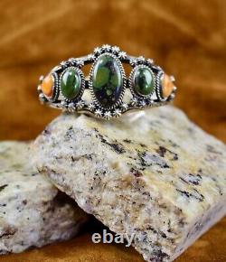 Vintage Old Pawn Navajo Sterling Silver Green Turquoise & Spiney Oyster Cuff