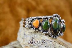 Vintage Old Pawn Navajo Sterling Silver Green Turquoise & Spiney Oyster Cuff