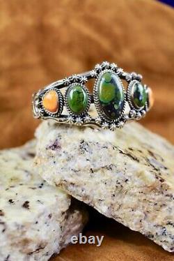 Vintage Old Pawn Navajo Sterling Silver Green Turquoise & Spiney Oyster Cuff