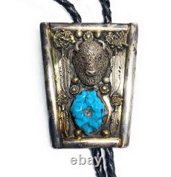 Vintage Old Pawn Navajo Sterling Silver & Turquoise Bison Head Bolo Tie