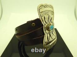 Vintage Old Pawn Navajo Sterling Turquoise Leather Adjustable Wrap Bracelet 8