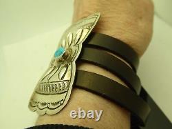 Vintage Old Pawn Navajo Sterling Turquoise Leather Adjustable Wrap Bracelet 8
