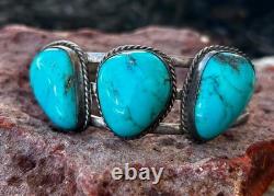 Vintage Old Pawn Navajo Style Sterling Silver Blue Turquoise 3 Stone Cuff Bracel