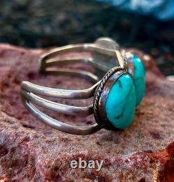 Vintage Old Pawn Navajo Style Sterling Silver Blue Turquoise 3 Stone Cuff Bracel