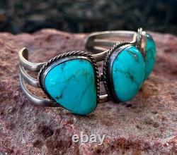 Vintage Old Pawn Navajo Style Sterling Silver Blue Turquoise 3 Stone Cuff Bracel