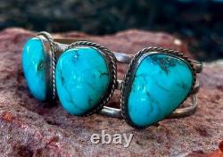 Vintage Old Pawn Navajo Style Sterling Silver Blue Turquoise 3 Stone Cuff Bracel