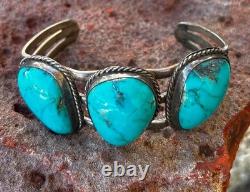 Vintage Old Pawn Navajo Style Sterling Silver Blue Turquoise 3 Stone Cuff Bracel