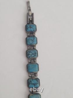 Vintage Old Pawn Silver Navajo Kingman Turquoise Link Bracelet Estate Jewelry