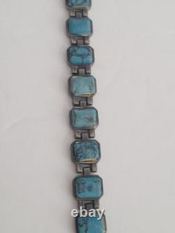 Vintage Old Pawn Silver Navajo Kingman Turquoise Link Bracelet Estate Jewelry