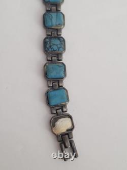 Vintage Old Pawn Silver Navajo Kingman Turquoise Link Bracelet Estate Jewelry