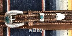 Vintage Old Pawn Silver Turquoise Ranger Set Leather Belt Buckle