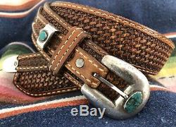 Vintage Old Pawn Silver Turquoise Ranger Set Leather Belt Buckle